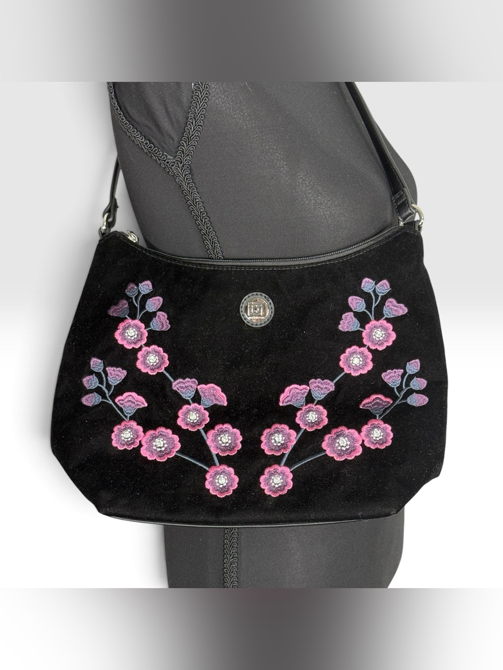Y2K Liz Claiborne Black Velvet Floral Embroidered Shoulder Bag Rhinestone